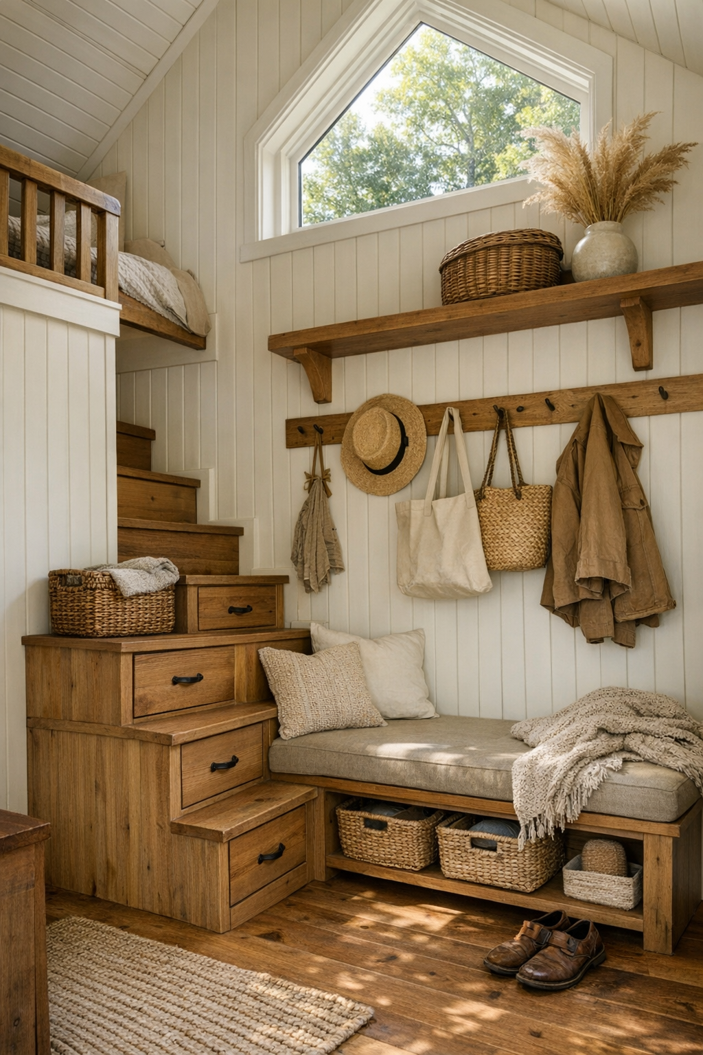 Thoughtful tiny home entry and loft nook with built-in storage, wood stairs, peg rails, and handcrafted details
