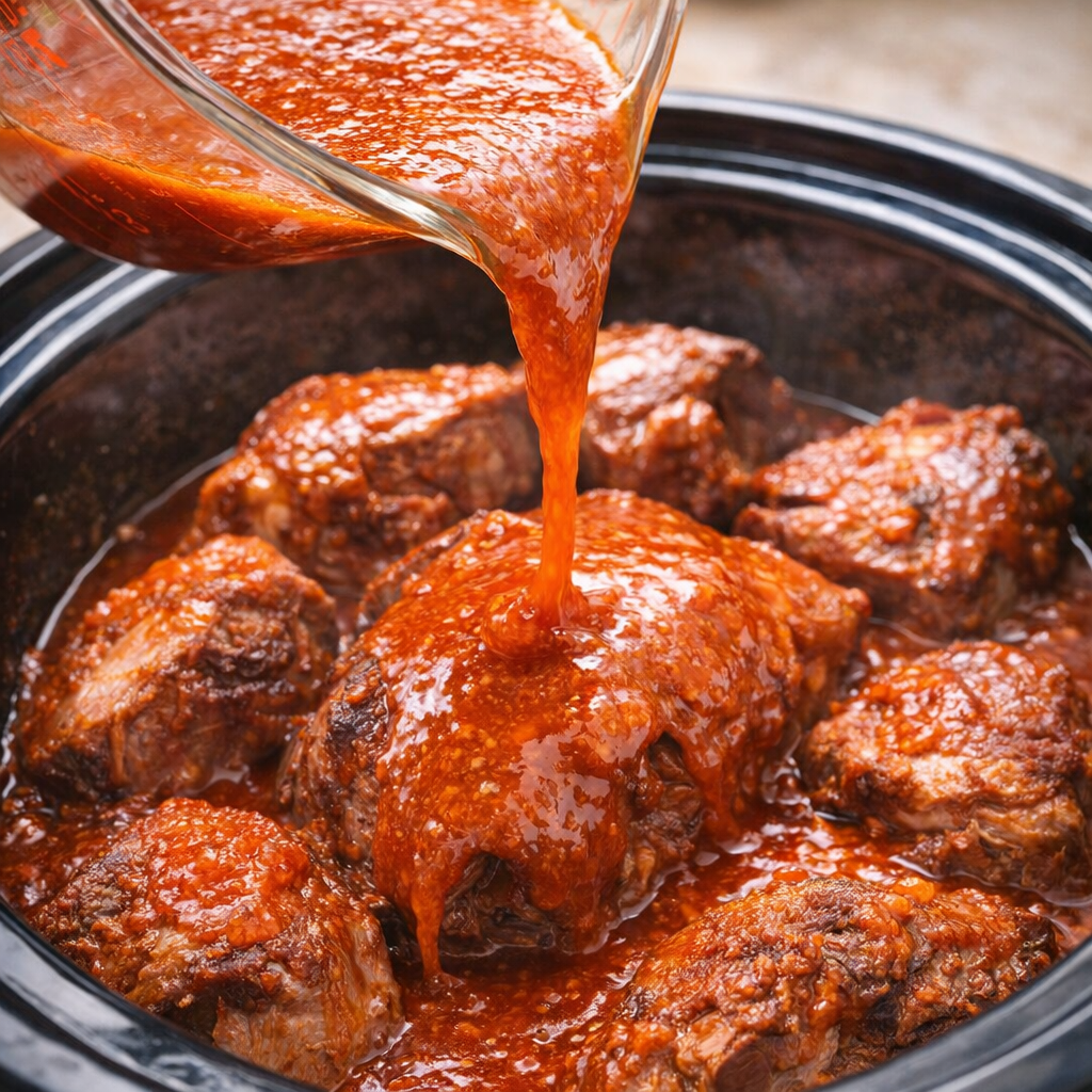 Buffalo ranch sauce being poured over pork in the slow cooker