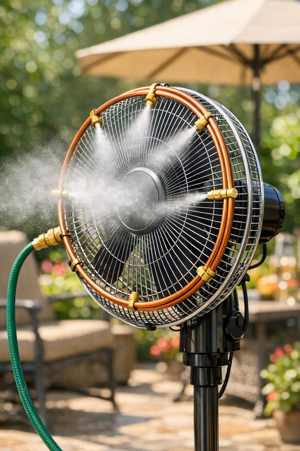 Completed DIY outdoor misting fan on a patio