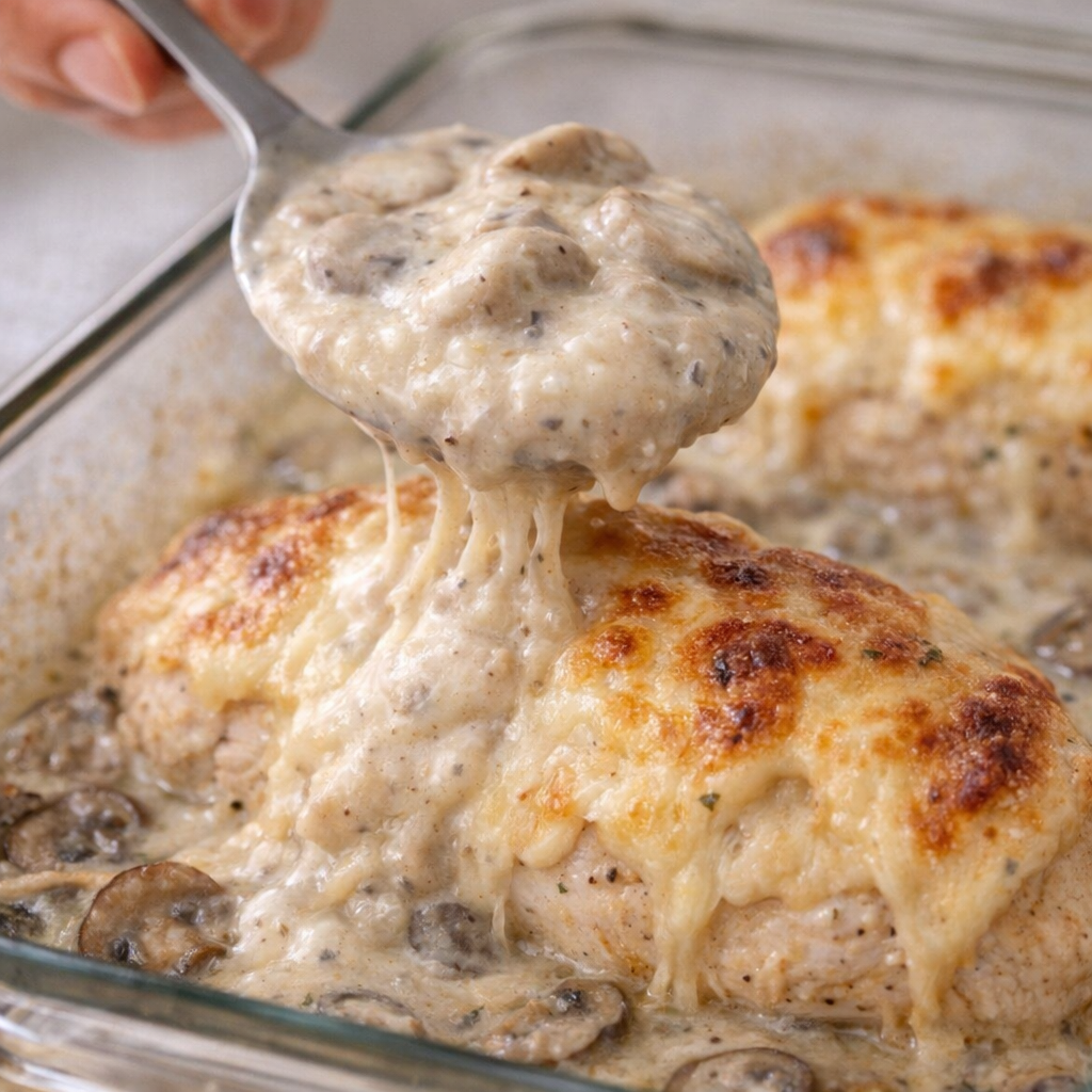 Cream of mushroom soup spooned over Swiss-covered chicken