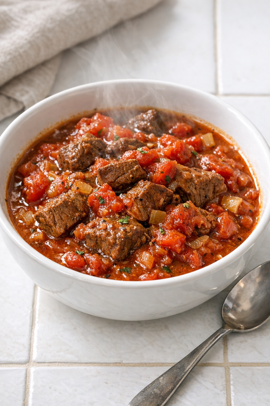 Finished poor man's beef and tomato served in a bowl