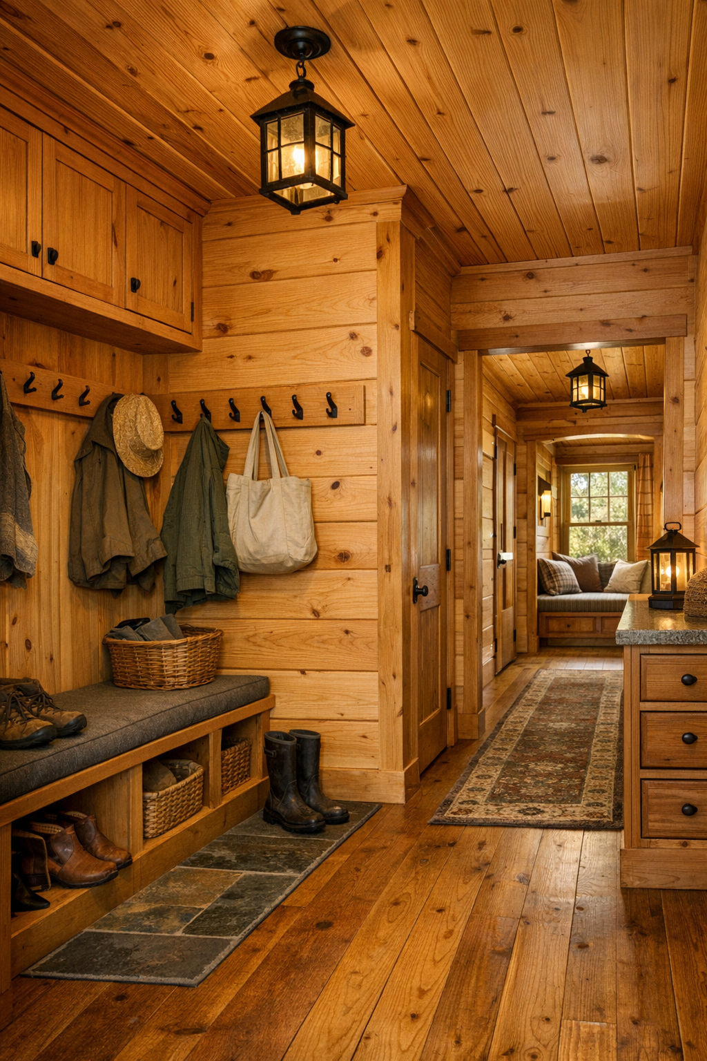 Log home mudroom and hallway with built-in bench, storage cabinetry, and handcrafted details