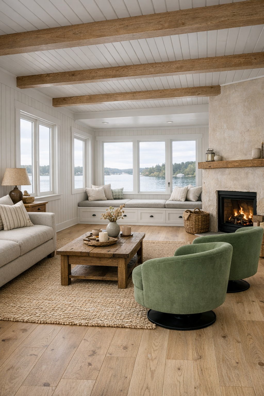 Bright cottage-style living room inside a houseboat with pale wood, linen seating, and wide windows over the water