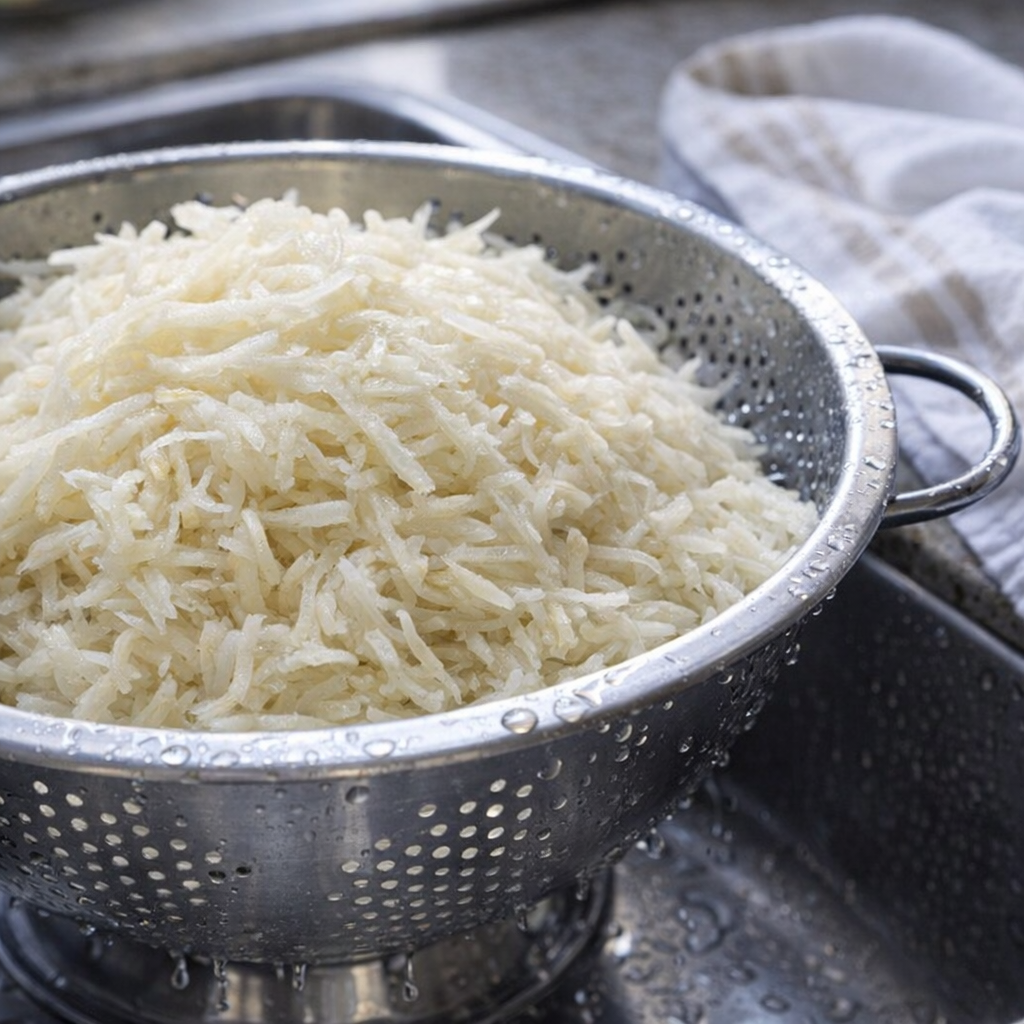 Freshly shredded potatoes draining in a colander