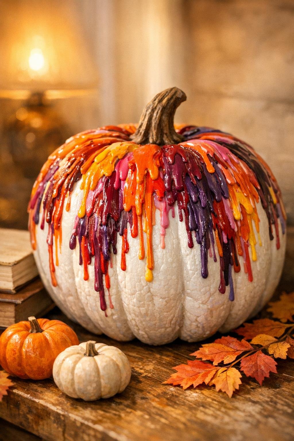 Finished melted crayon pumpkin art displayed as fall decor