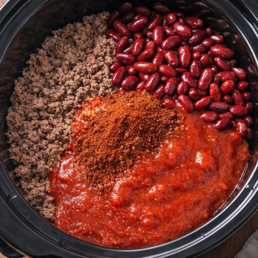 Slow cooker filled with chili ingredients before cooking
