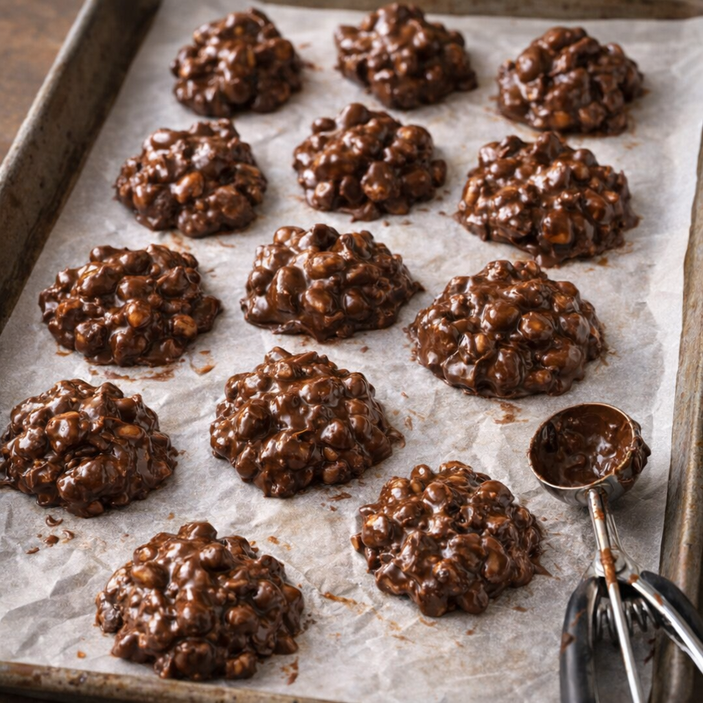 Freshly scooped peanut clusters cooling on wax paper