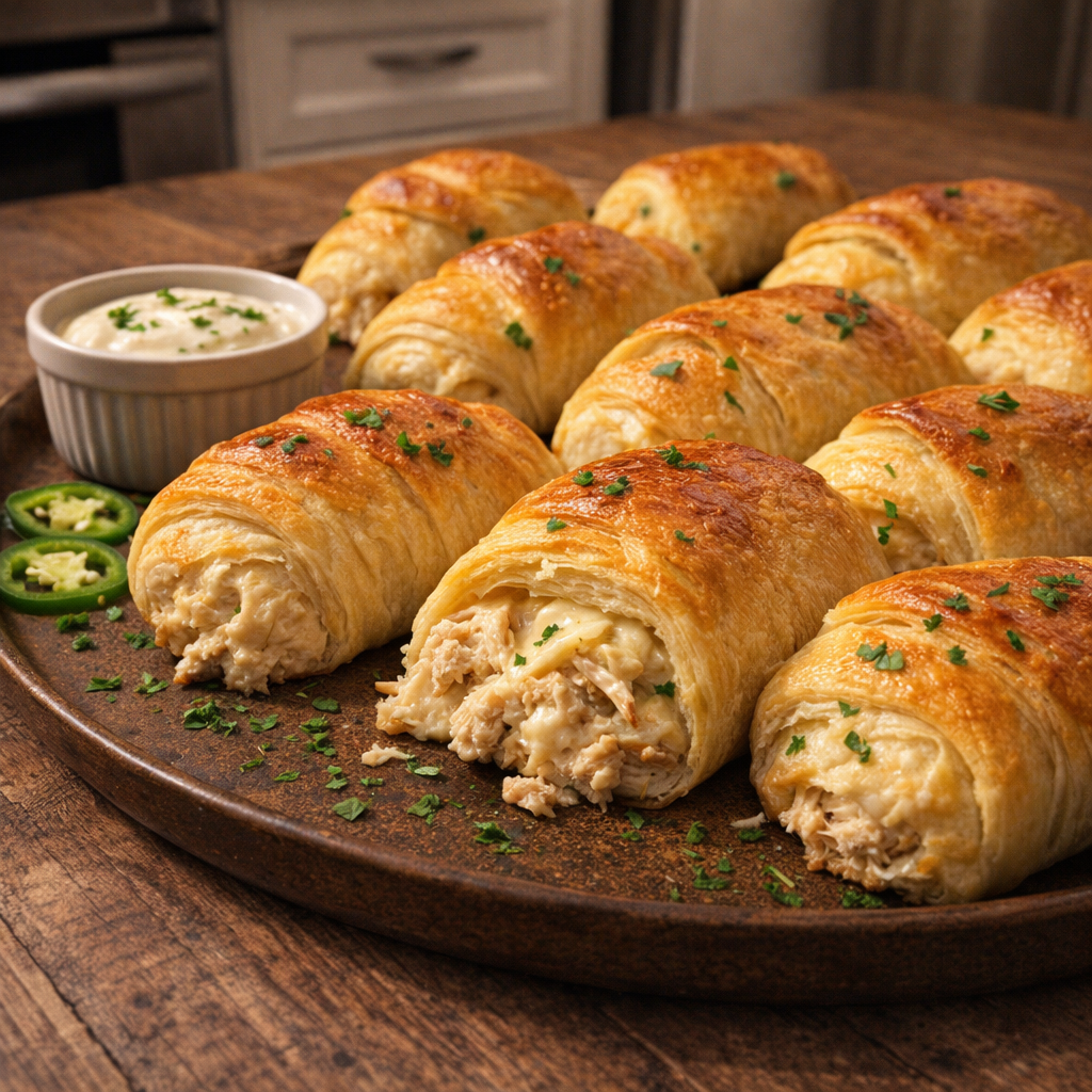 Crescent rolls served with dipping sauce and herbs