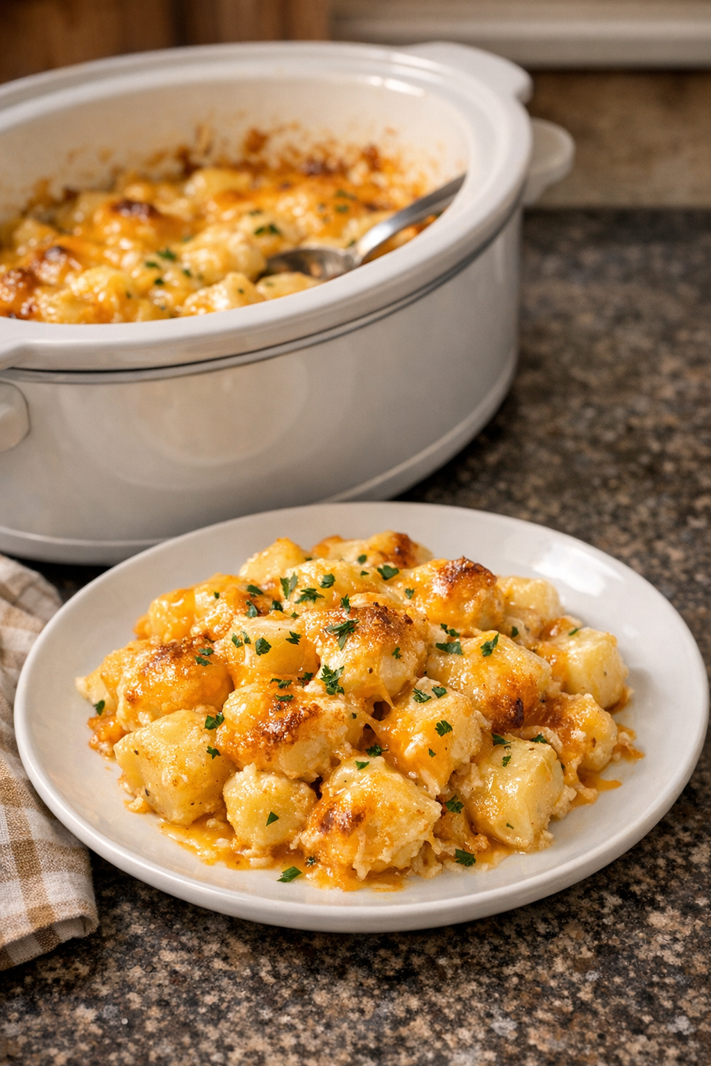 Finished cheesy potato casserole plated from the slow cooker