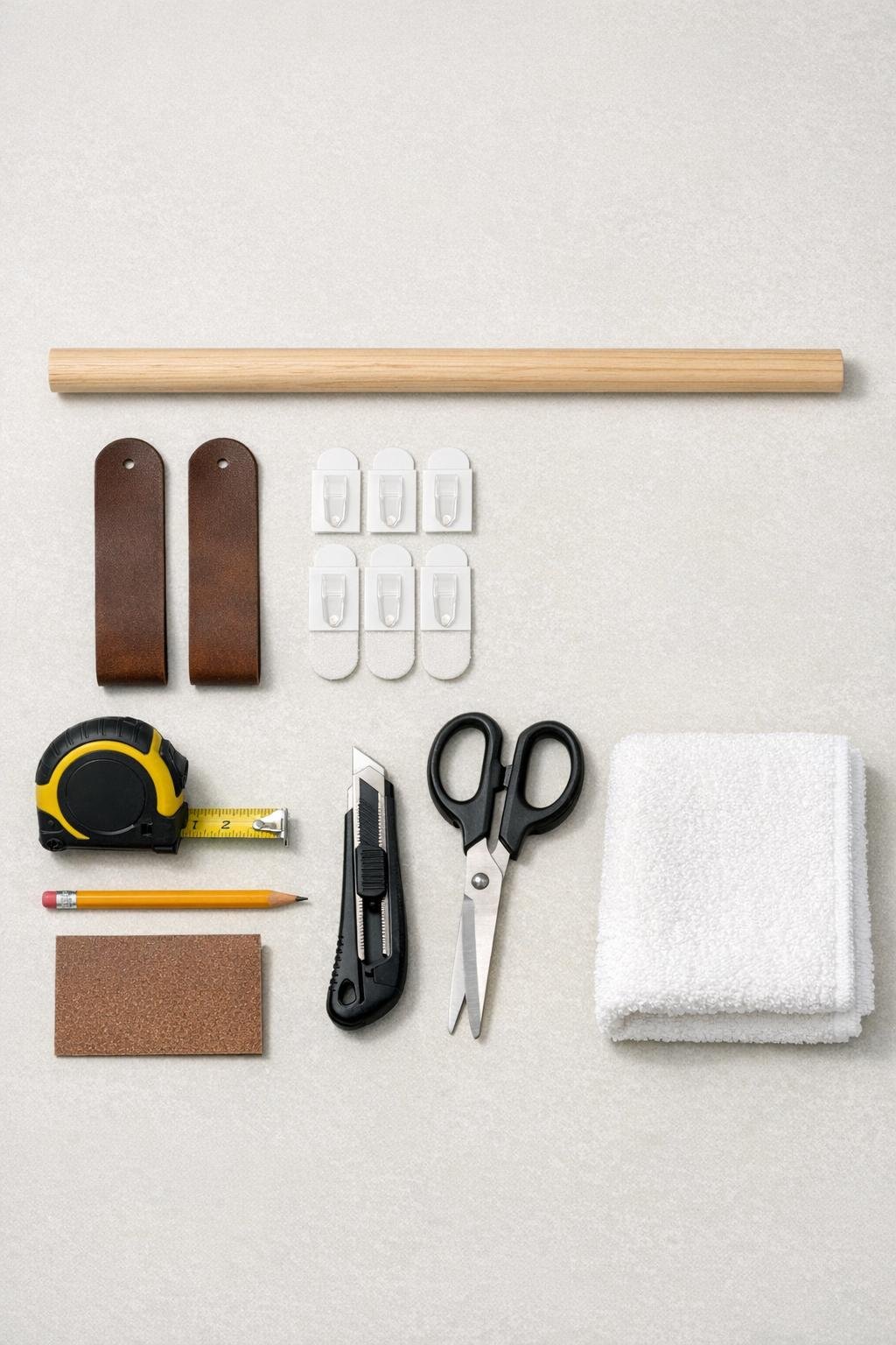 Materials for a wooden dowel and leather loop bathroom towel holder