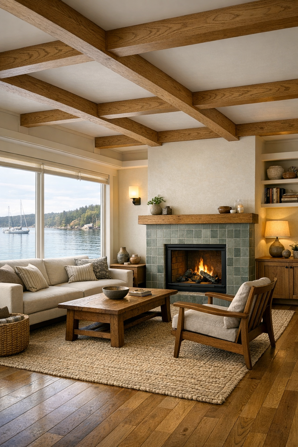 Bright craftsman living room on a houseboat with wide windows, built-in shelving, and warm wood details