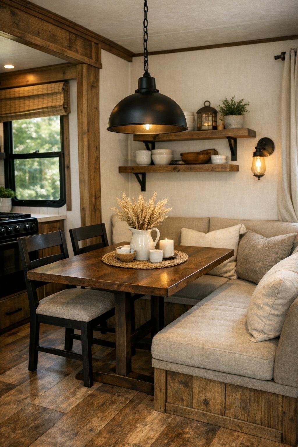 Cozy RV dining nook with wood table and warm pendant light