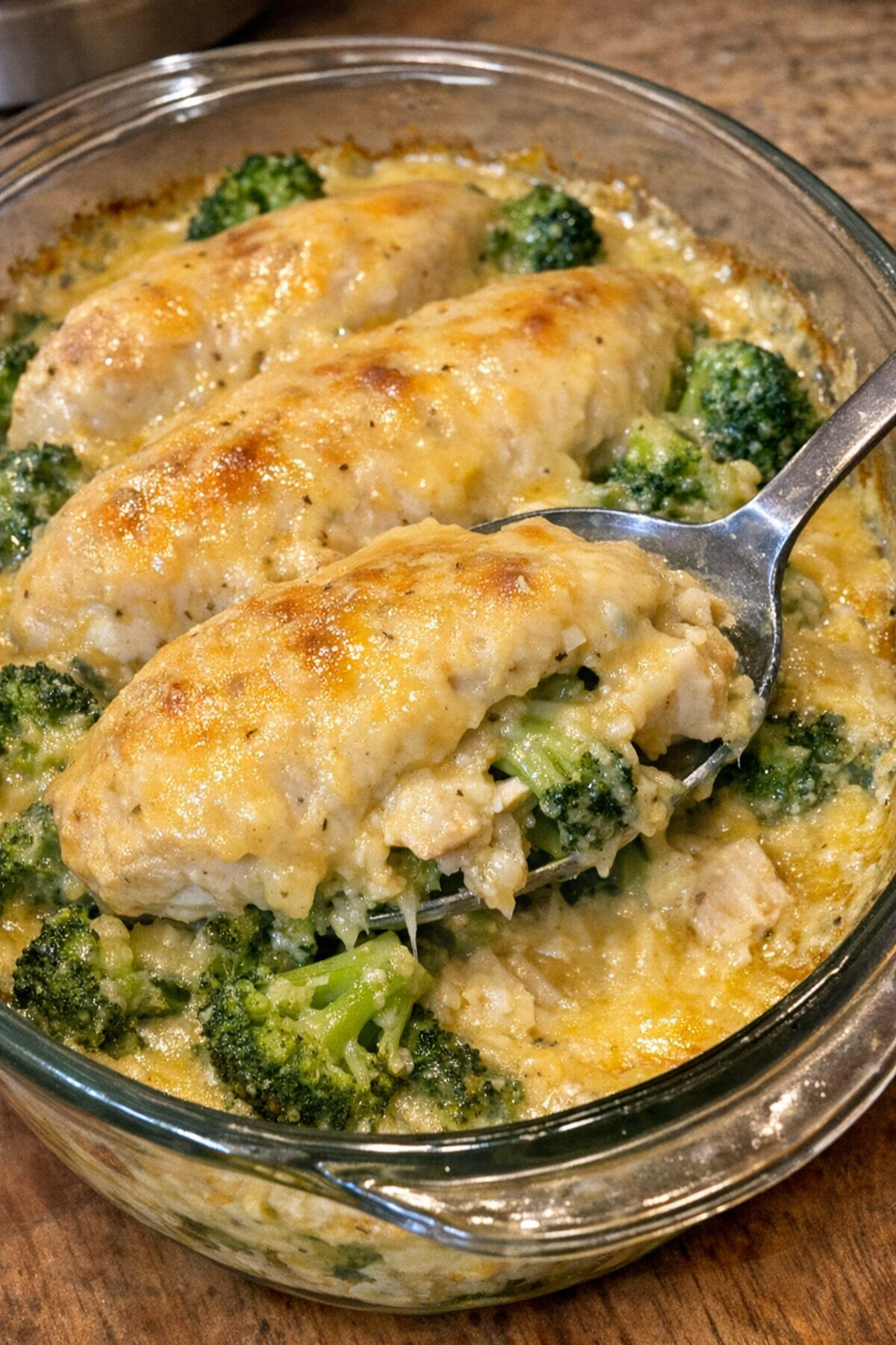 Chicken divan casserole in glass baking dish