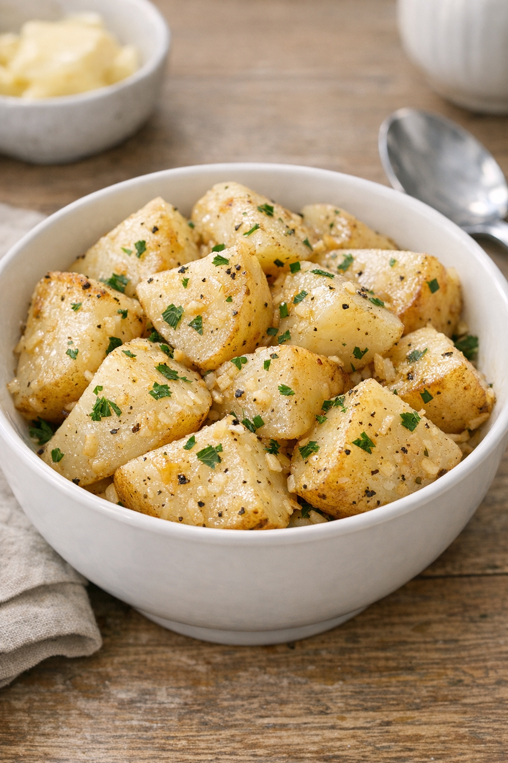 Finished slow cooker potatoes in a serving bowl