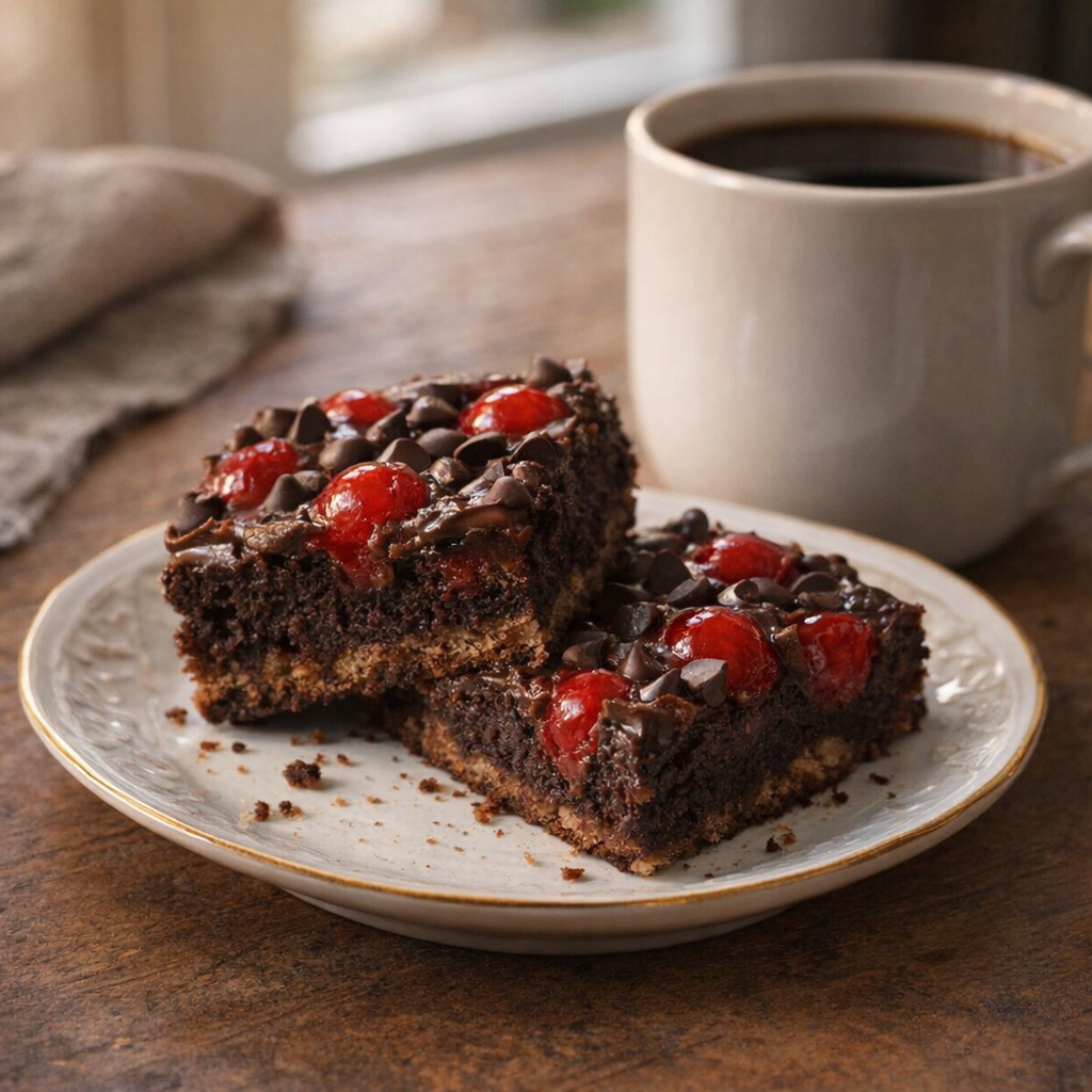 Cut chocolate cherry bars served on a small plate with coffee