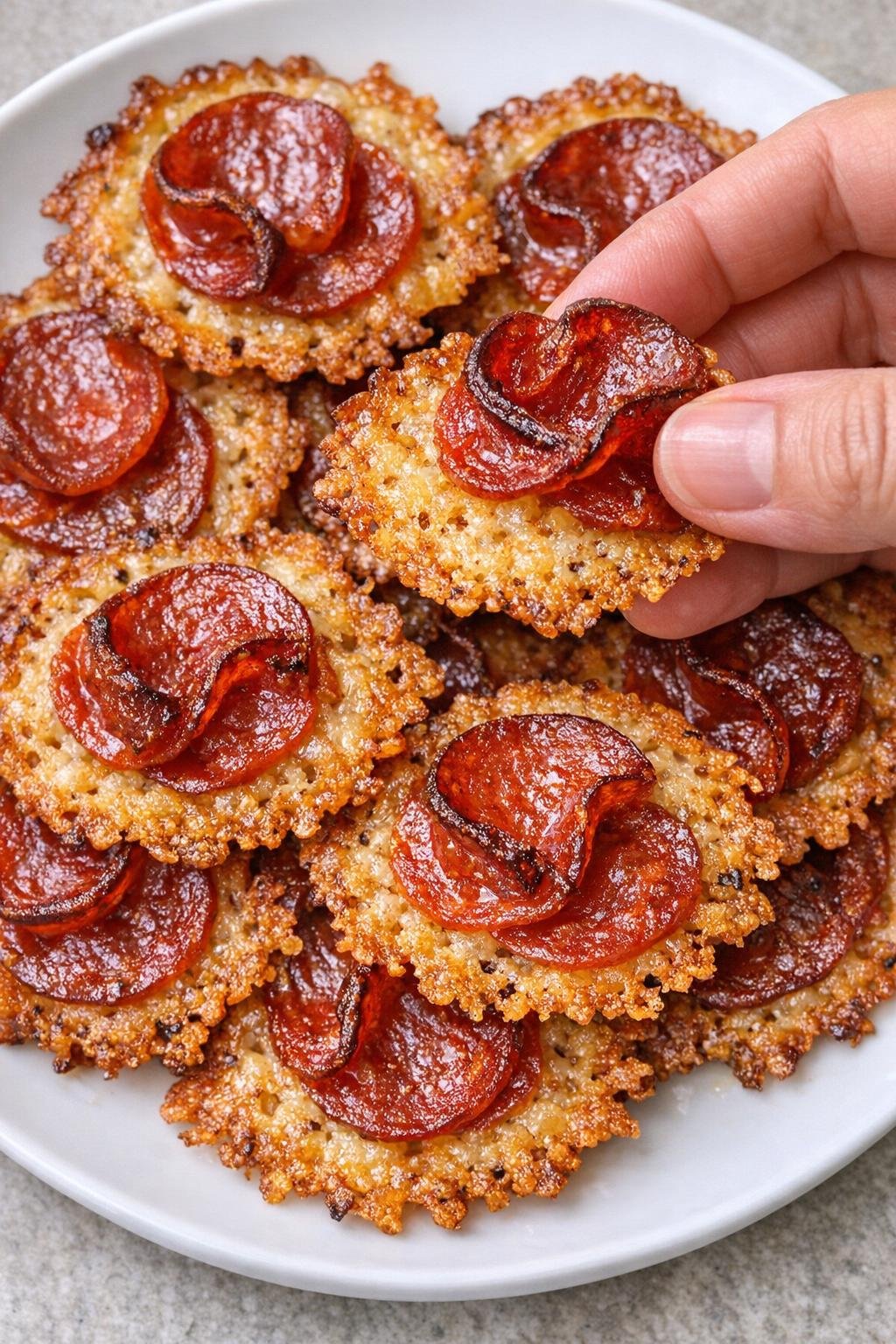 Low carb pepperoni Somerset crisps on a white plate