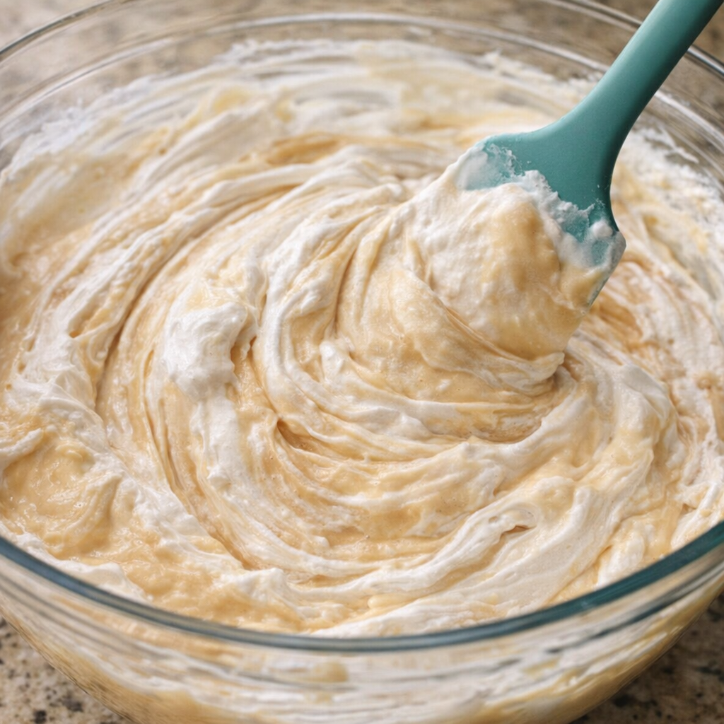 Creamy butterscotch pudding mixture in a mixing bowl