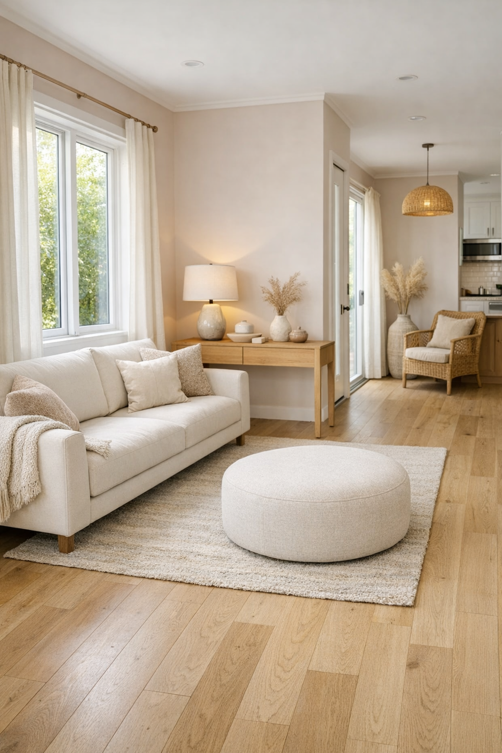 Soft blush tiny home living room with ivory sofa, pale wood floors, and accessible open layout