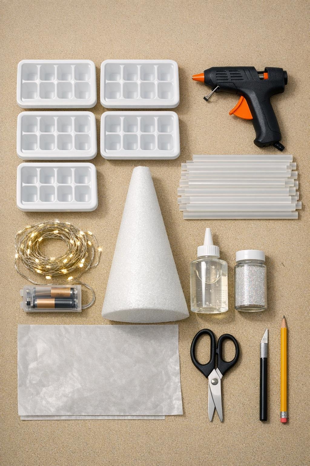 Materials for the glowing hot glue Christmas tree laid out on a craft table