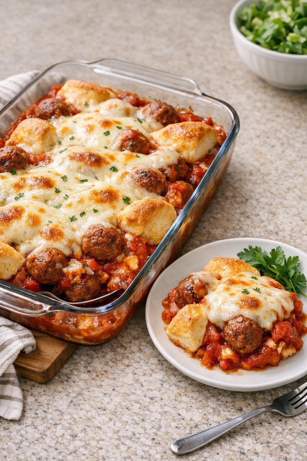 Finished meatball casserole baked with biscuits and melted provolone