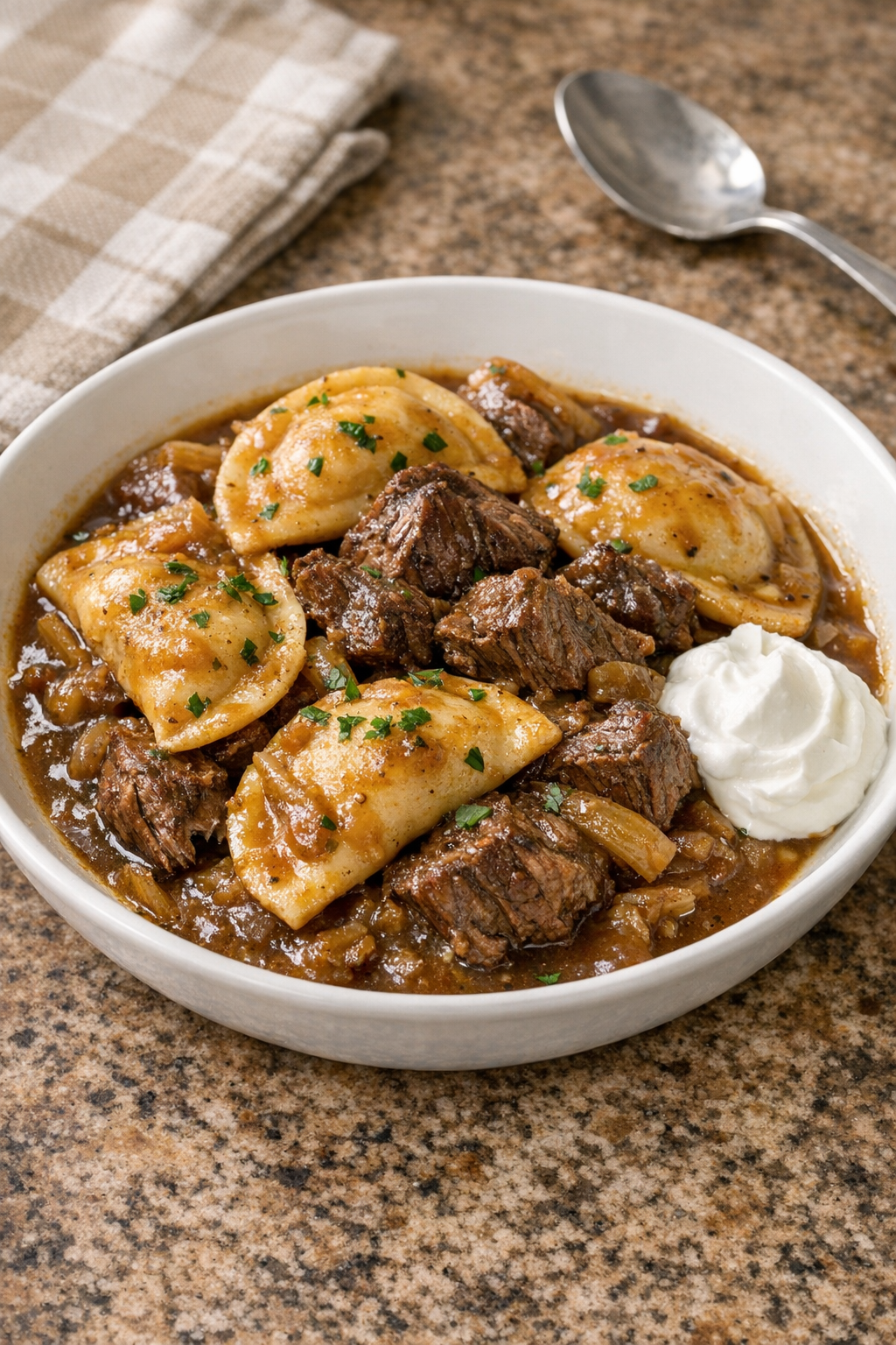 Finished slow cooker pierogi beef plated in a shallow bowl
