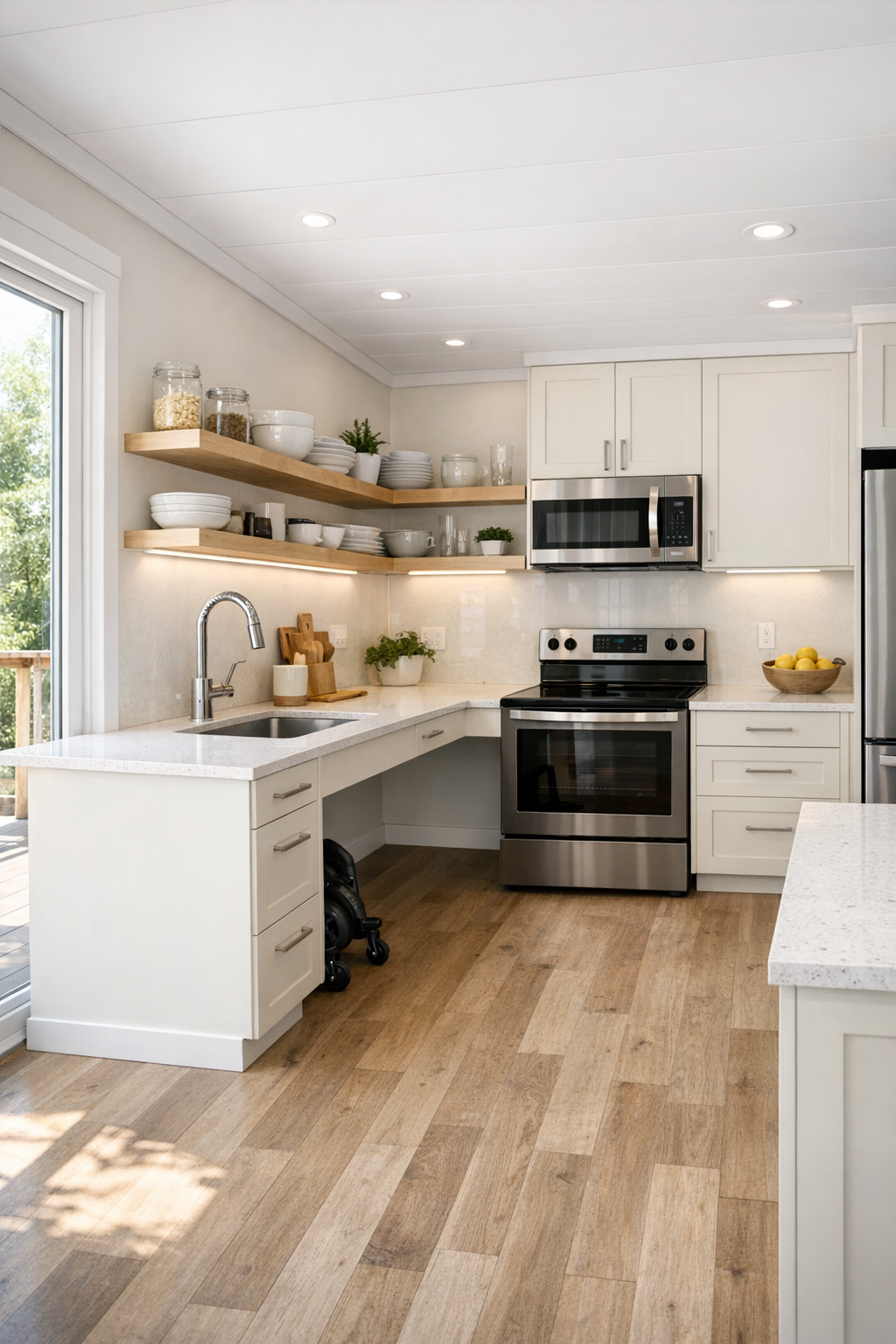 Accessible modern kitchen with pale cabinets, quartz counters, and bright natural light