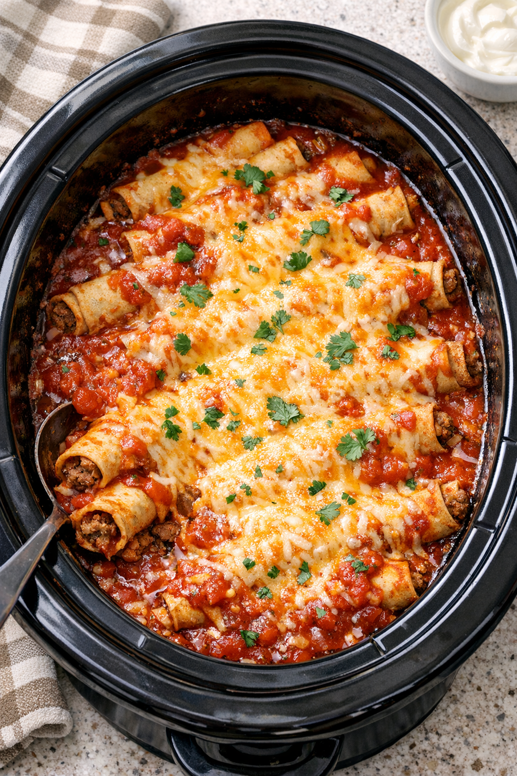 Finished slow cooker beef taquito casserole