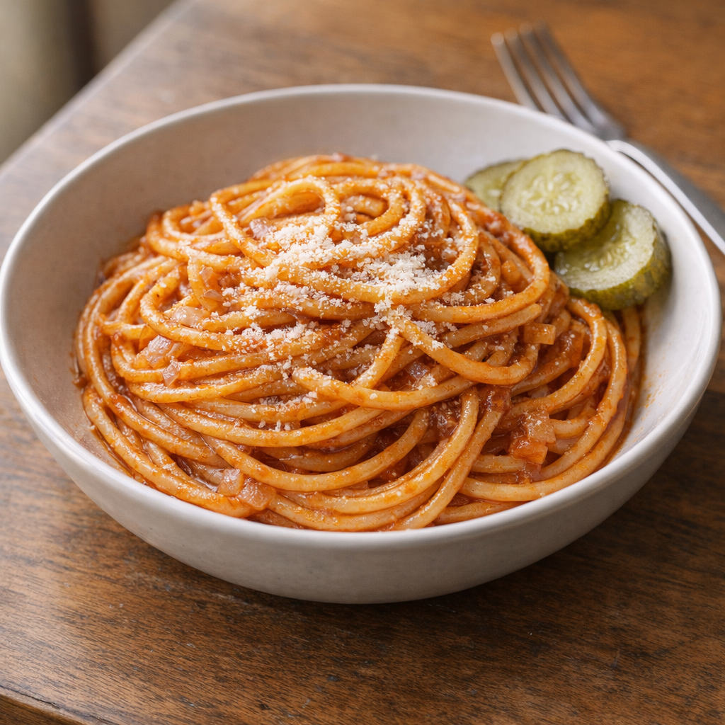 Serving of ketchup spaghetti with Parmesan and pickles