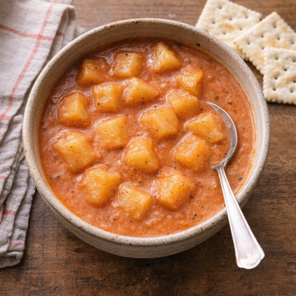 Slow cooker potato tomato soup in a rustic bowl