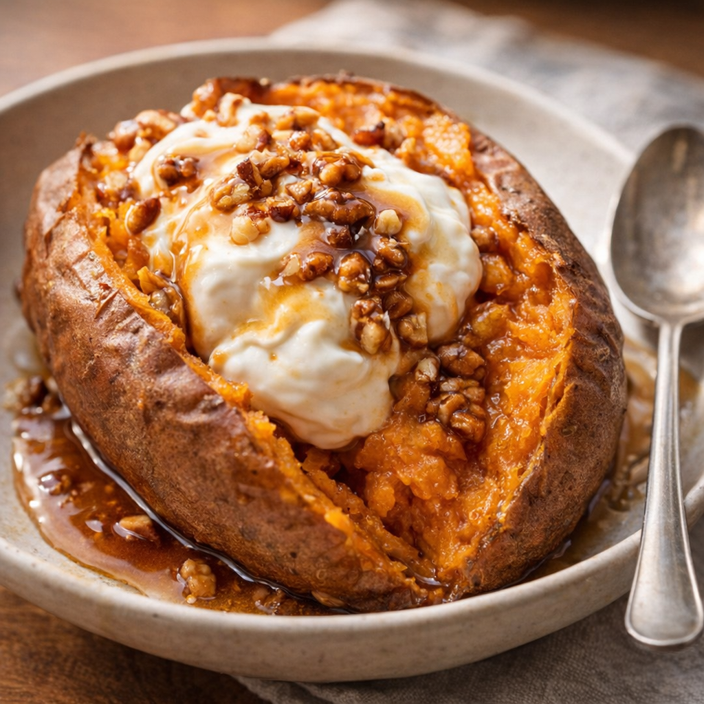 Served sweet potato dessert topped with yogurt and chopped nuts