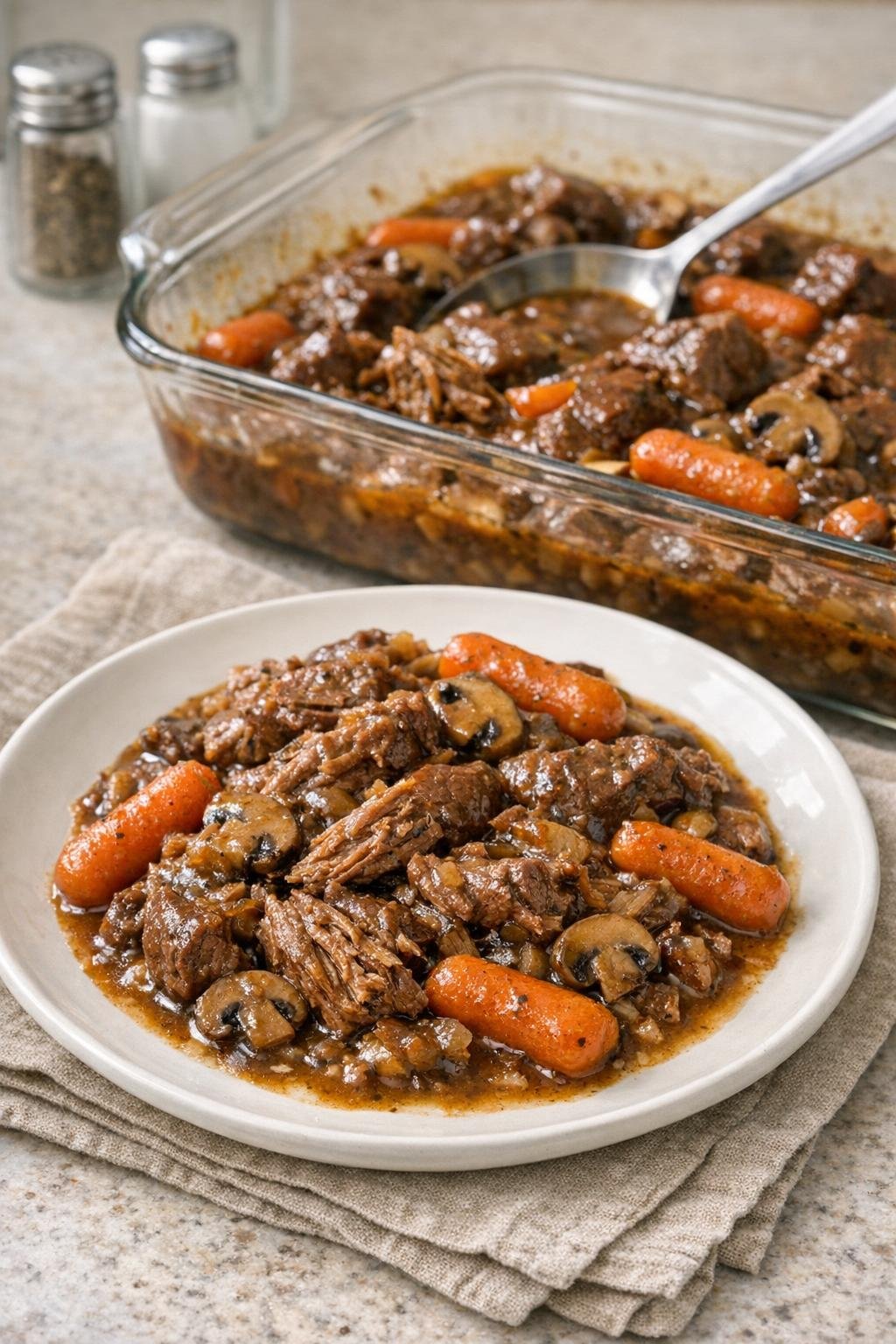 Finished beef stew casserole plated with carrots and rich gravy