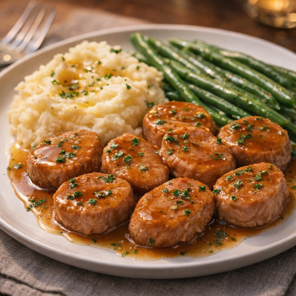 Finished pork medallions plated with mashed potatoes and green beans