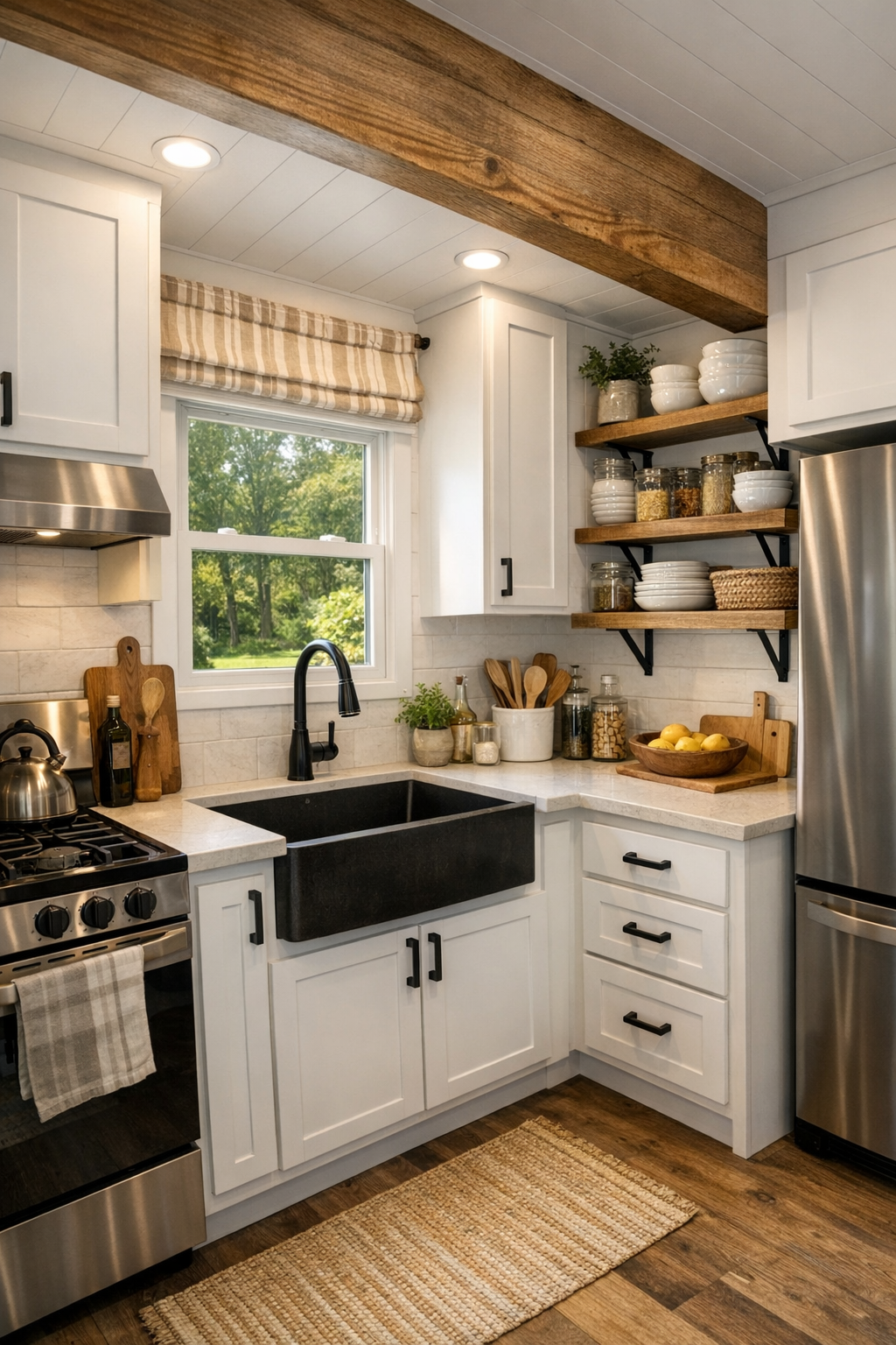 Compact white farmhouse kitchen with shaker cabinets, dark hardware, and warm work surfaces