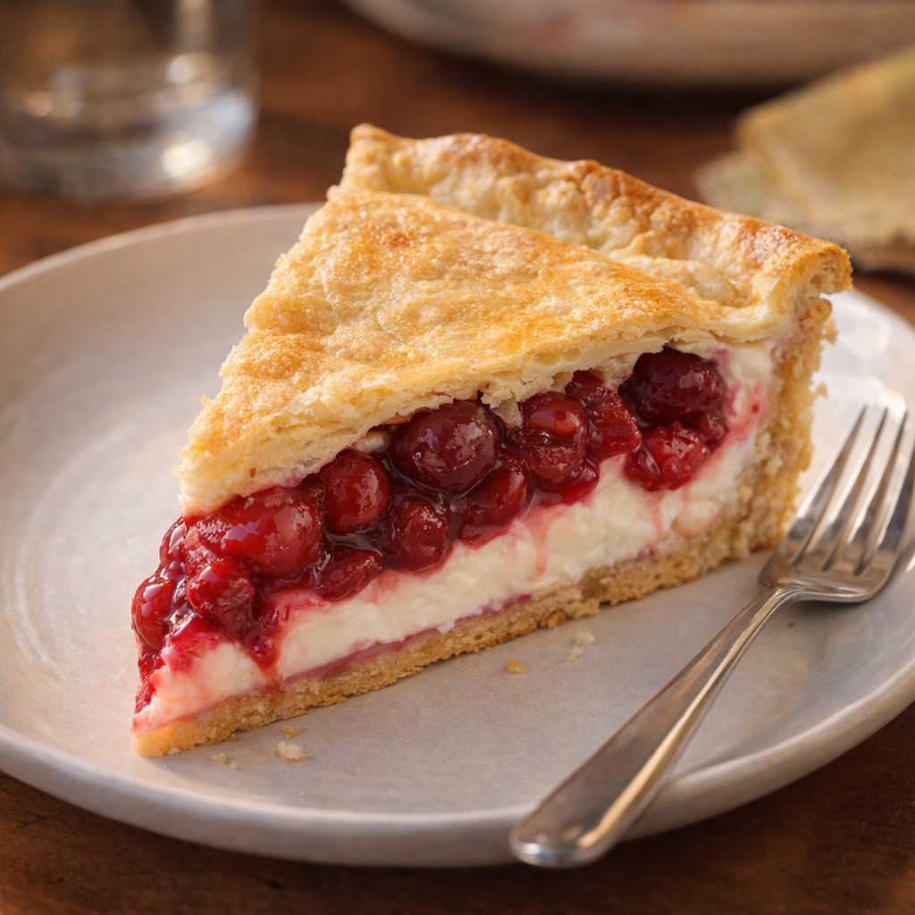 Neat slice of cherry pie served on a plate