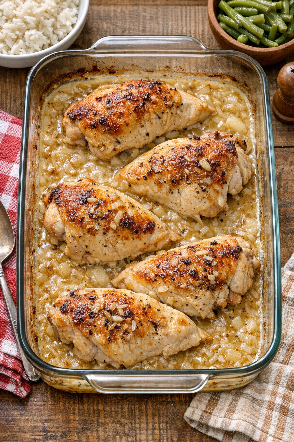 Baked bone-in chicken breasts in creamy onion sauce