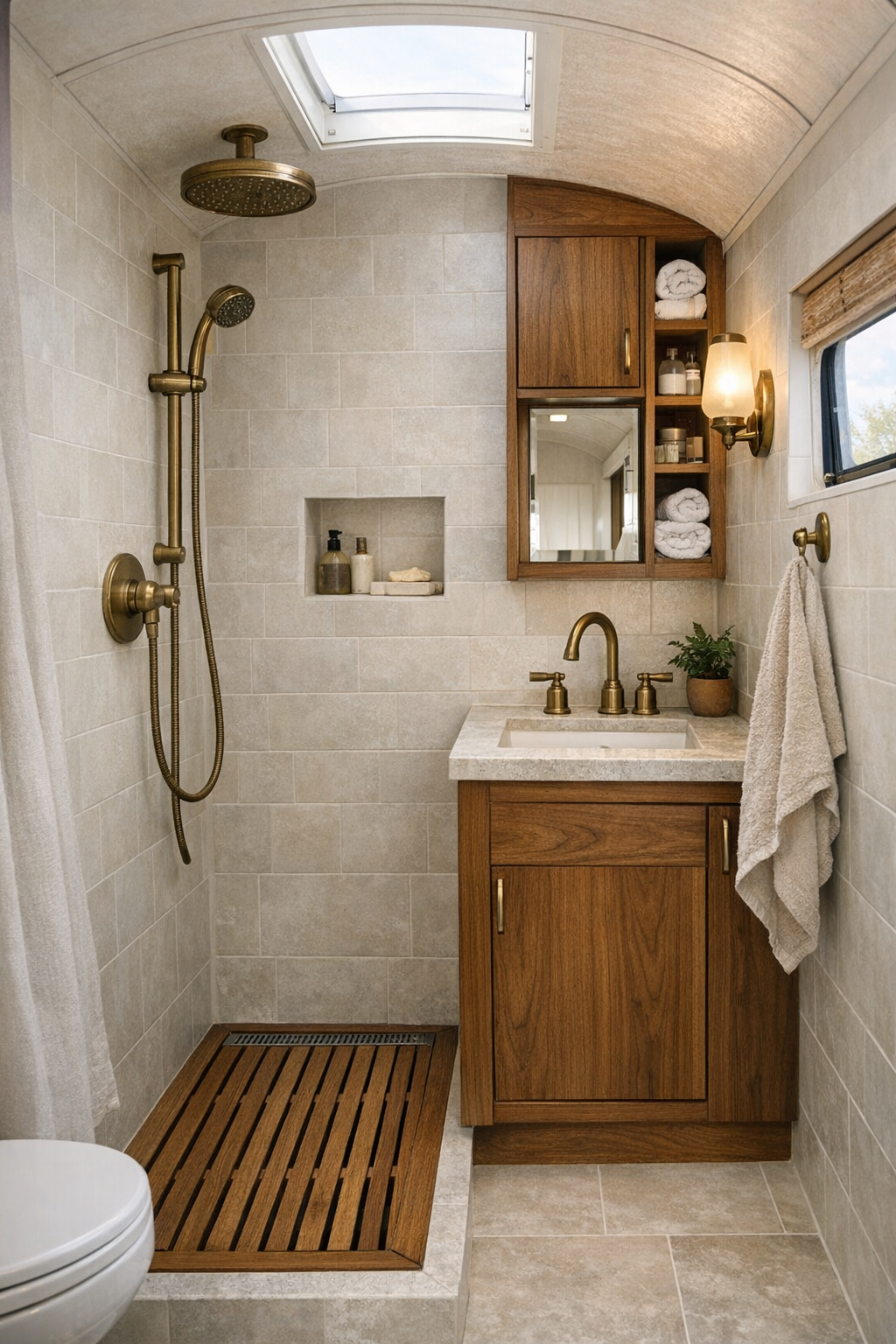 Compact bus bathroom with tiled wet room and wood vanity