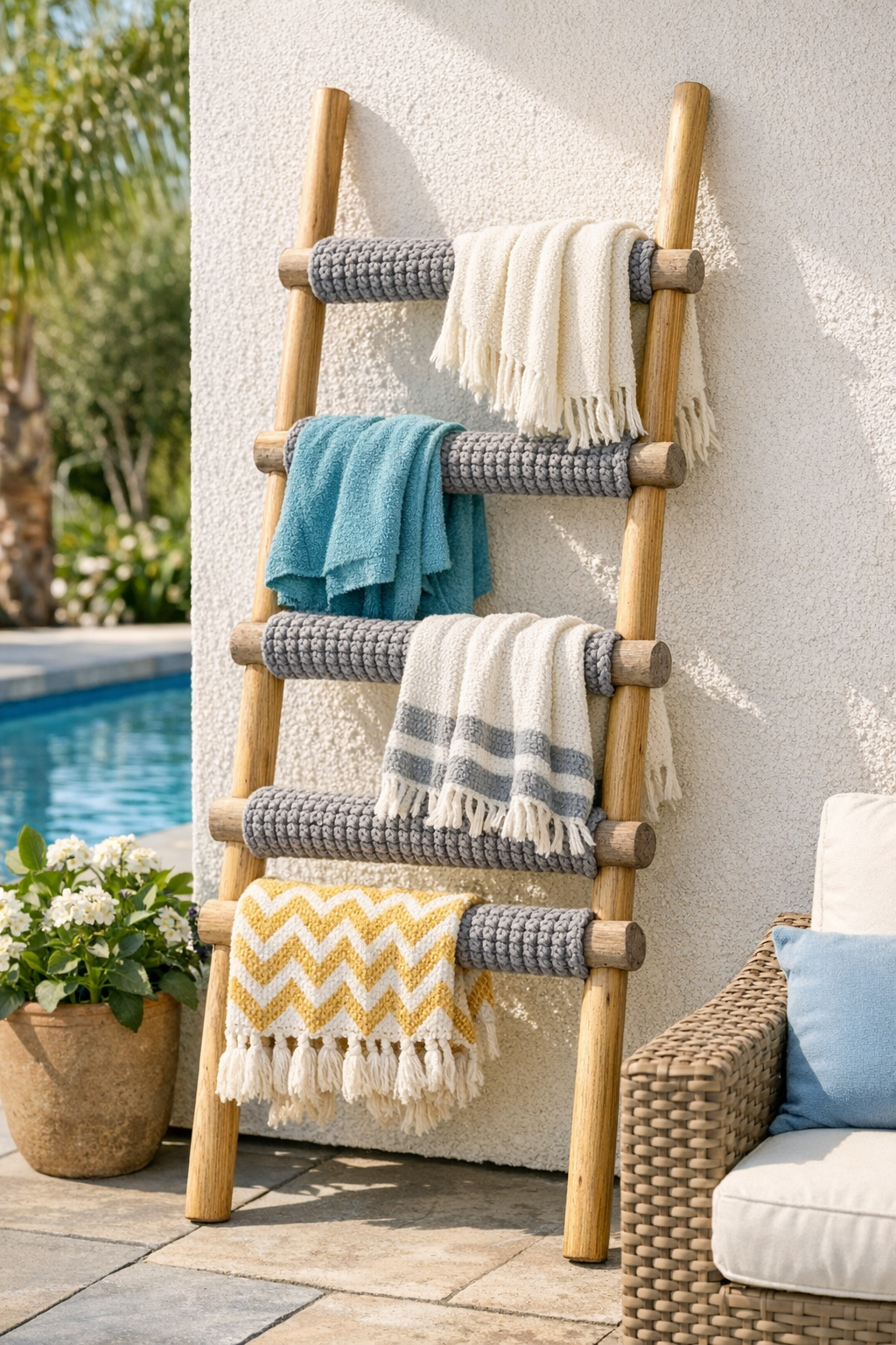 Finished driftwood gray crocheted pool noodle blanket ladder on a patio