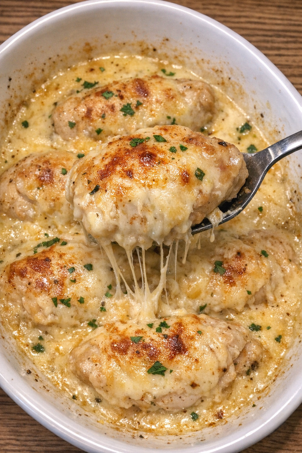 Golden chicken chateau in a white oval baking dish