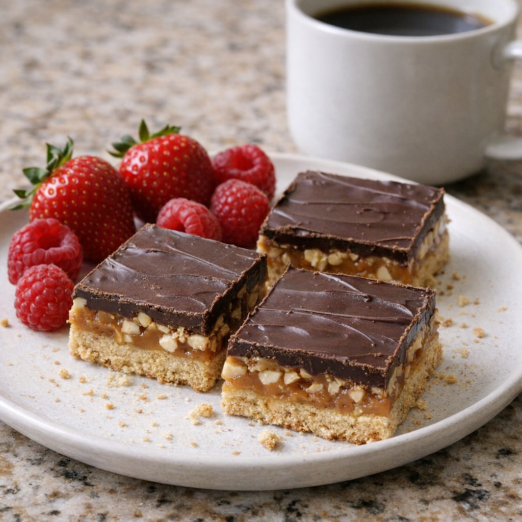 Small dessert spread with bars, berries, and coffee