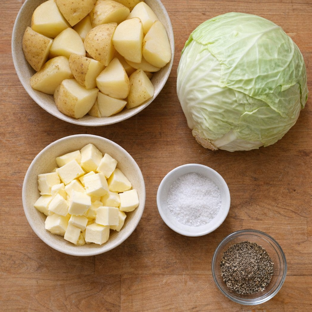Simple ingredients for cabbage and potatoes arranged on a kitchen counter
