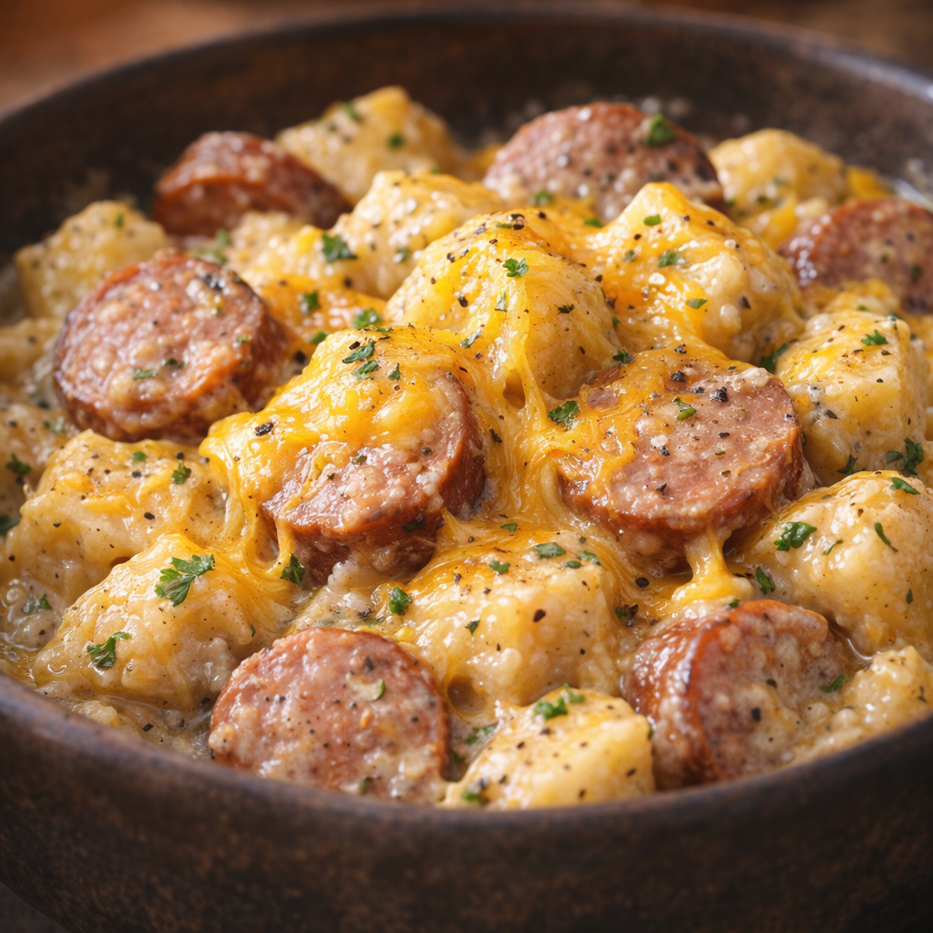 Finished sausage and potatoes with melted cheese variation