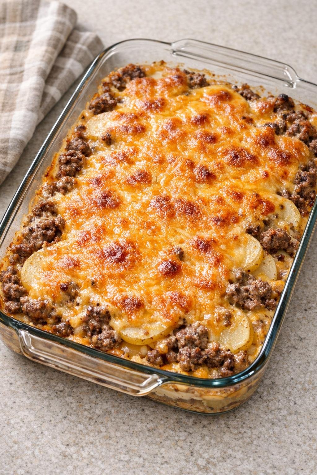 Finished hamburger potato casserole baked until golden in a glass dish