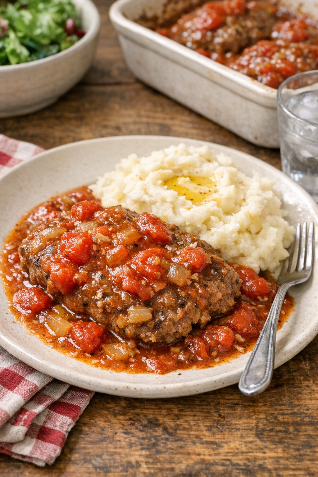 Finished Amish Swiss steak plated with sauce