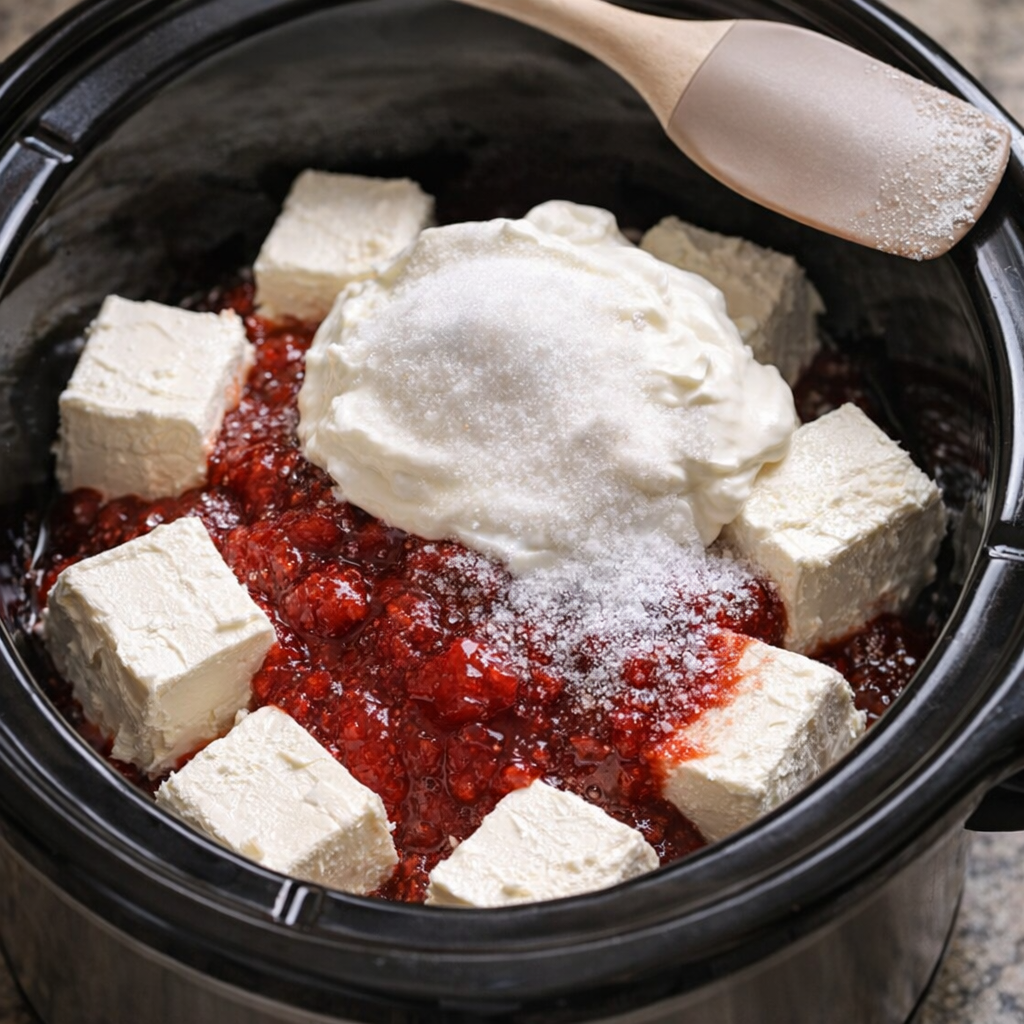 Cream cheese and strawberry jam layered in a slow cooker
