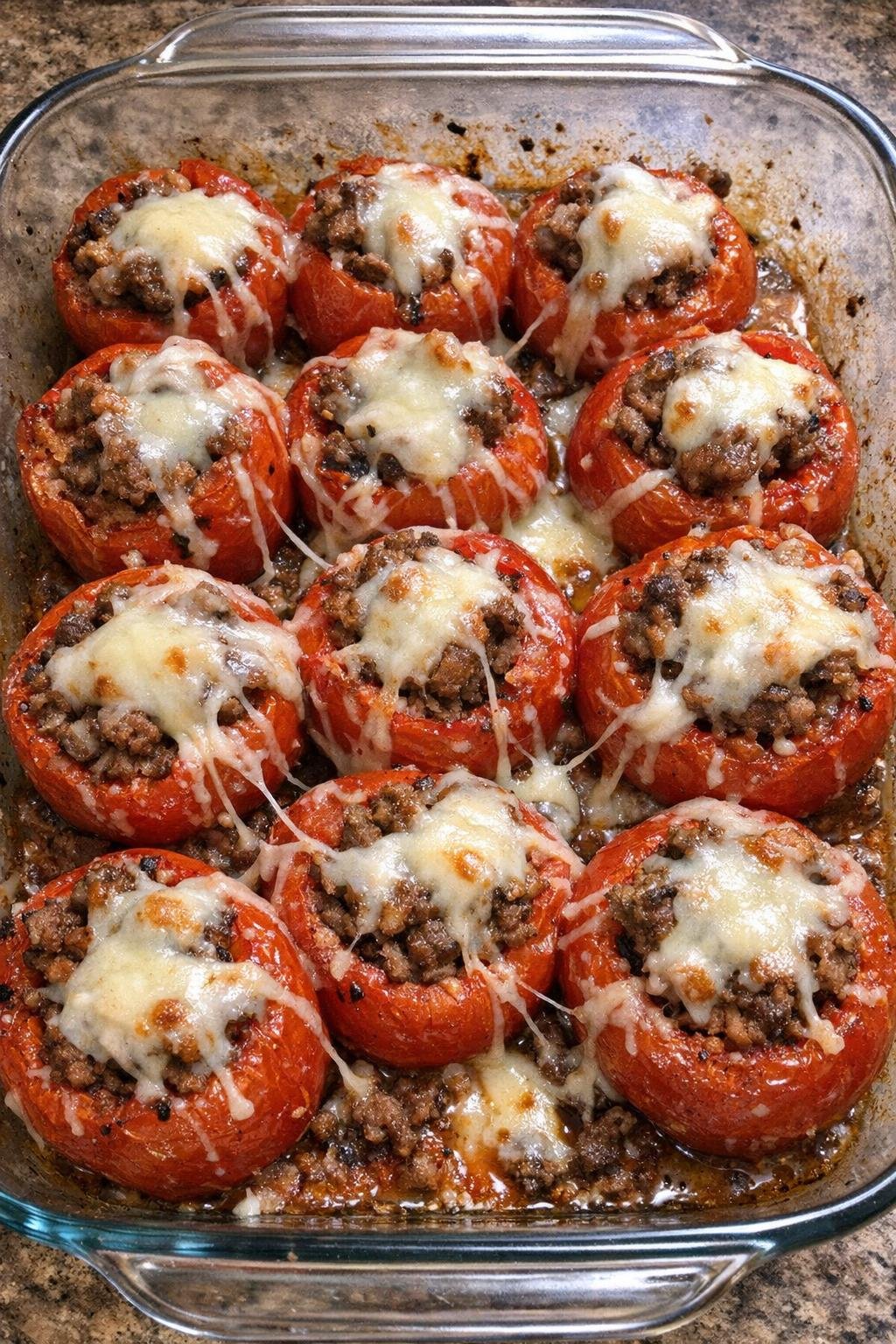 Close up of baked beef stuffed tomatoes with melted mozzarella