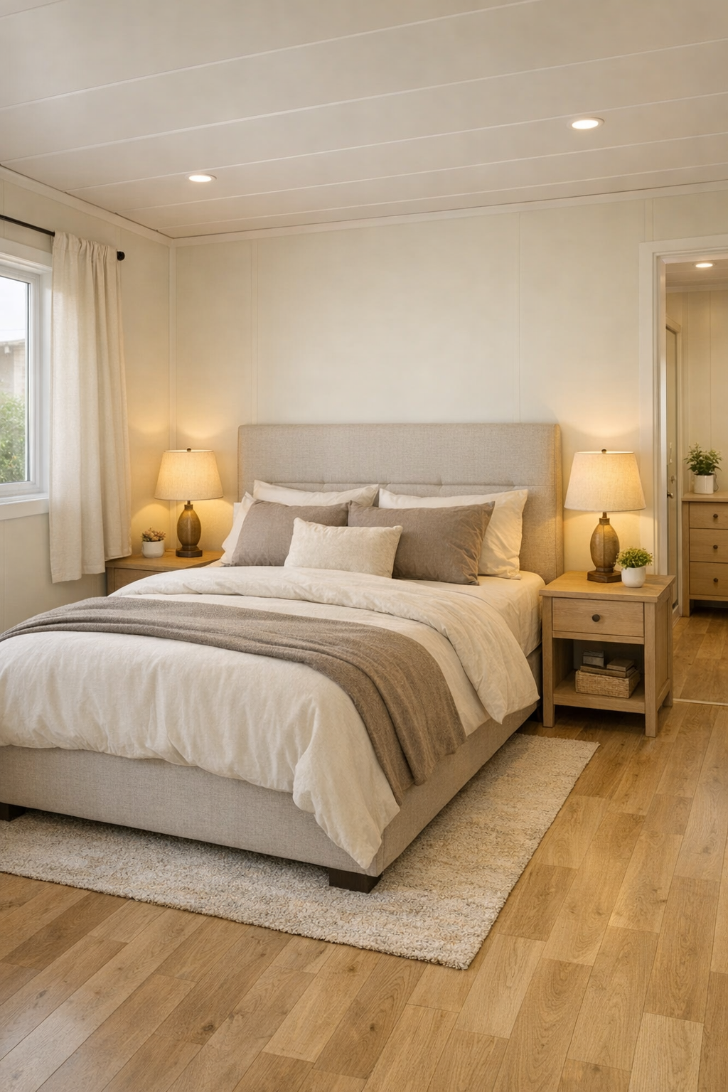 Soft neutral bedroom with upholstered headboard, layered bedding, and warm bedside lamps