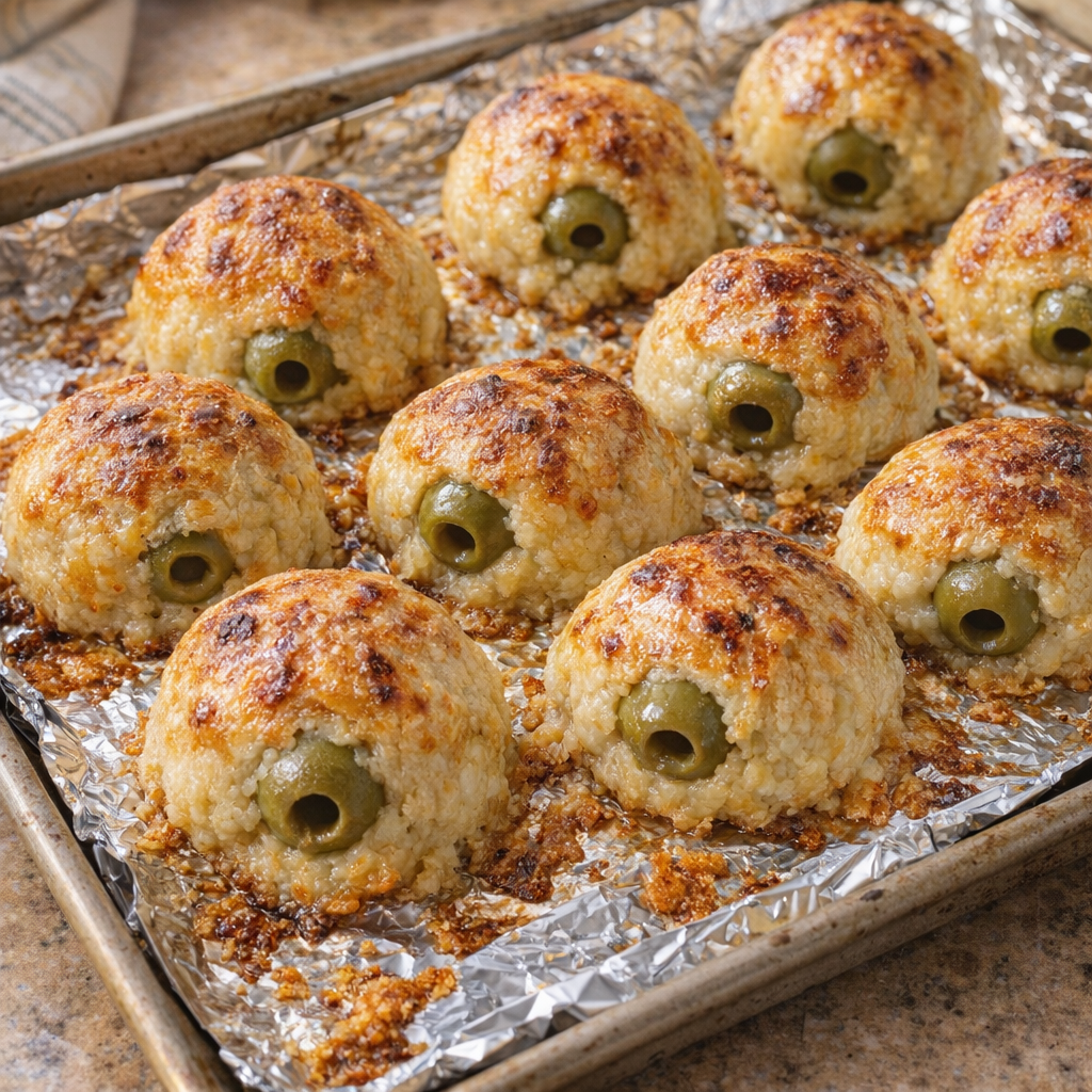 Tray of baked cheese olive bombs fresh from the oven