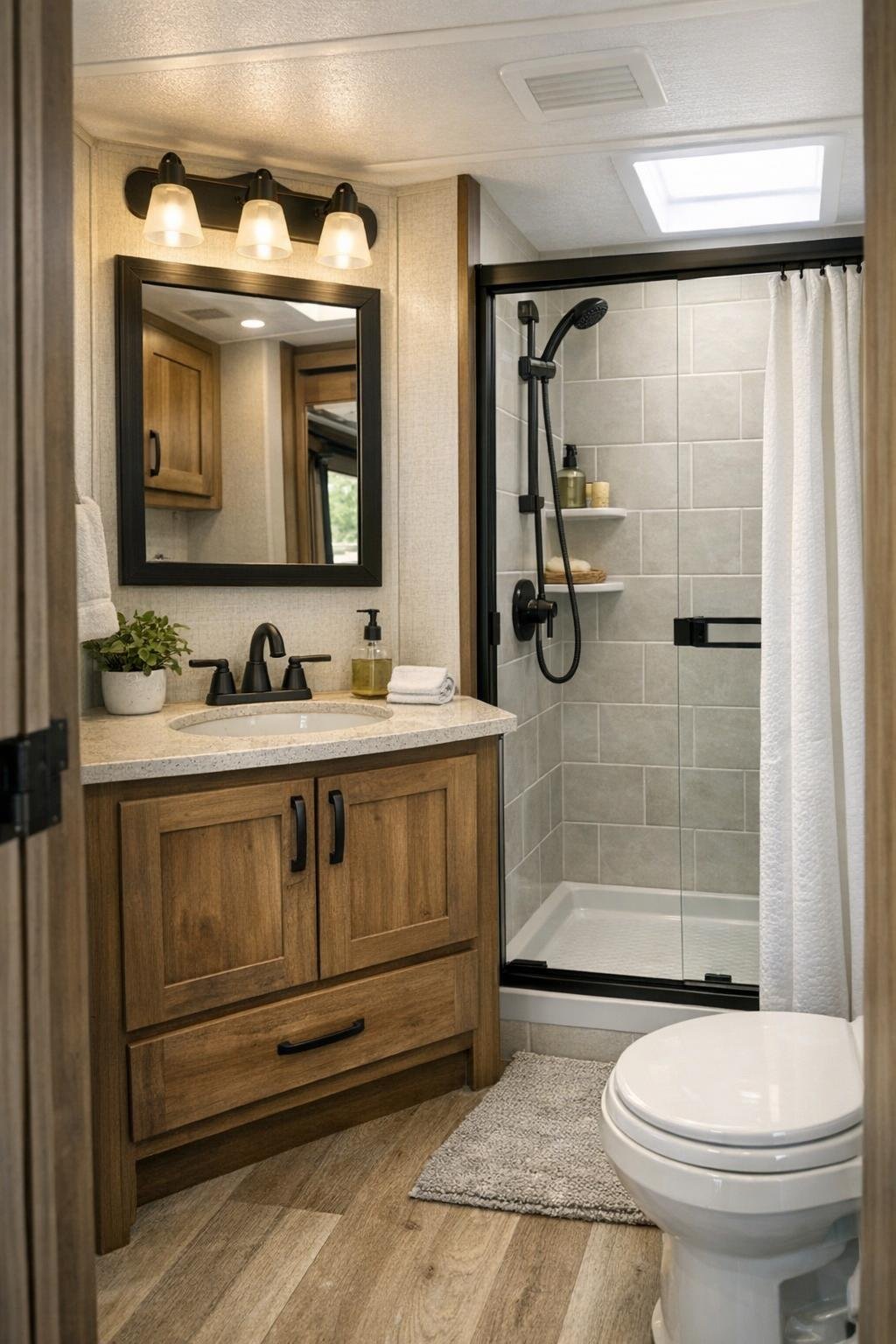Bright compact bathroom with wood vanity, light tile, and simple modern fixtures