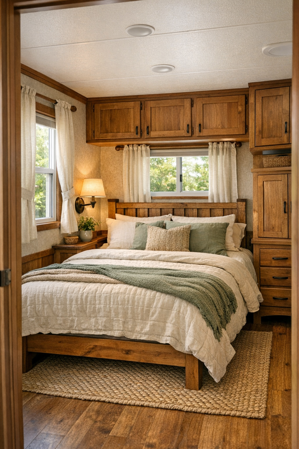 Peaceful bedroom with layered neutral bedding and warm wood accents