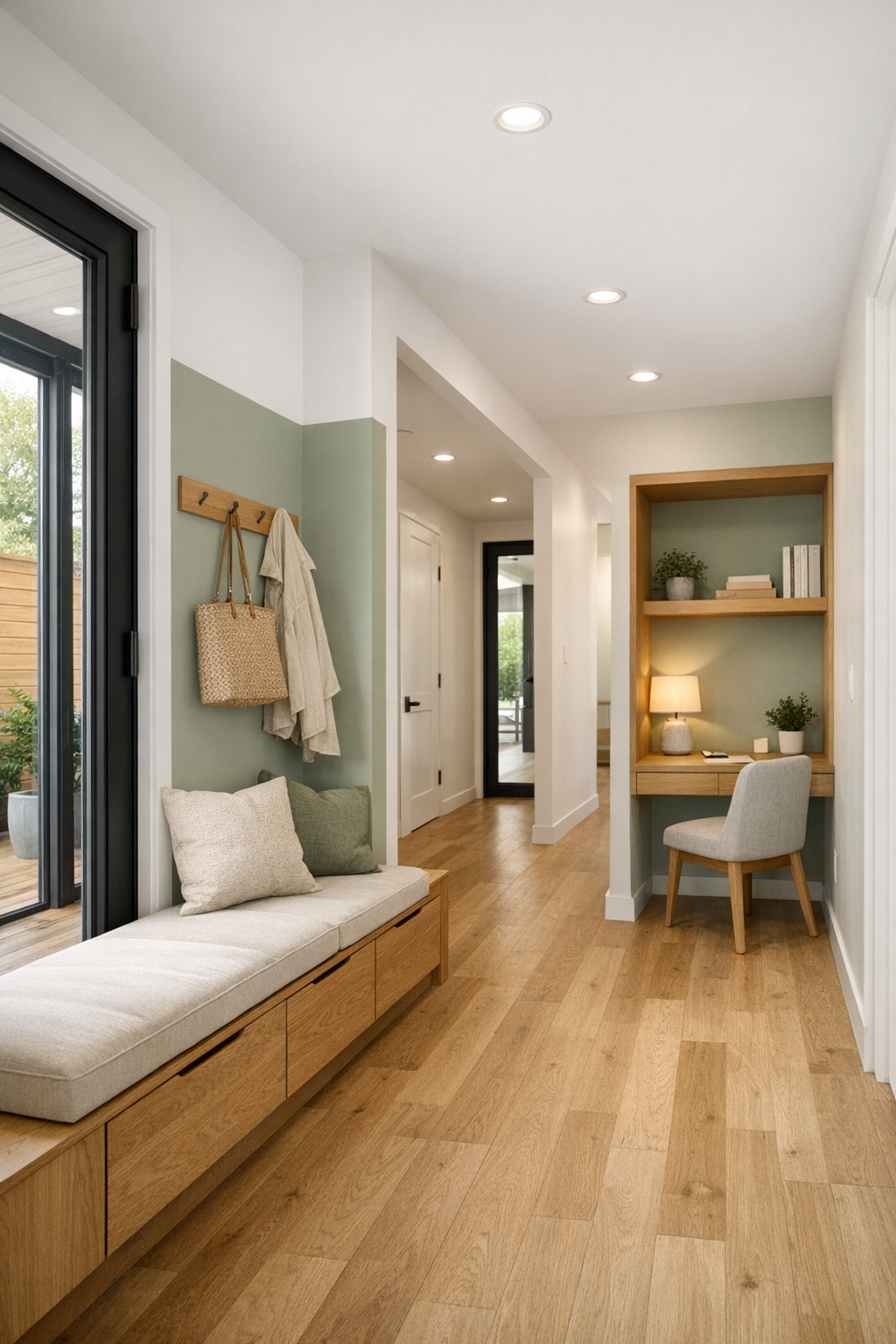 Bright entry and hallway with built-in oak storage in accessible container home